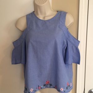 Express Blue Cold Shoulder Blouse with Floral Embroidery